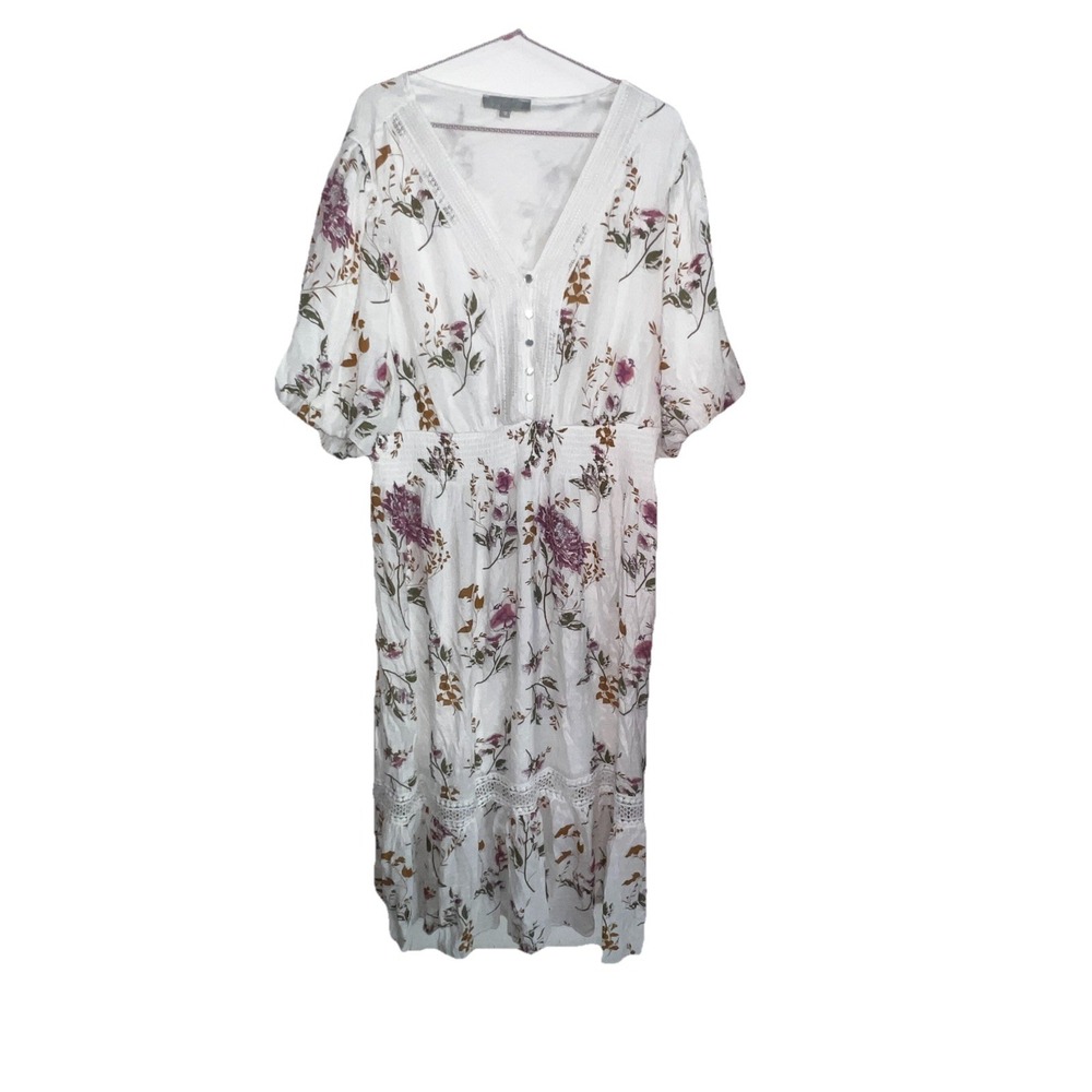 Maxi Floral Lace Smocked Waist Puff Elastic Short Sleeve Lined Prairie Dress 3X